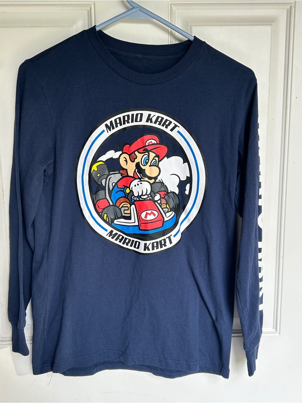 Nintendo Navy Blue Mario Kart Long Sleeve Tee with Red and Yellow Graphic